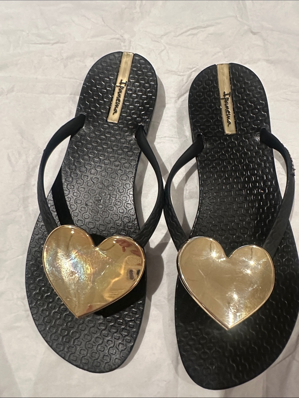 Ipanema Black Sandals with Gold Heart Accent